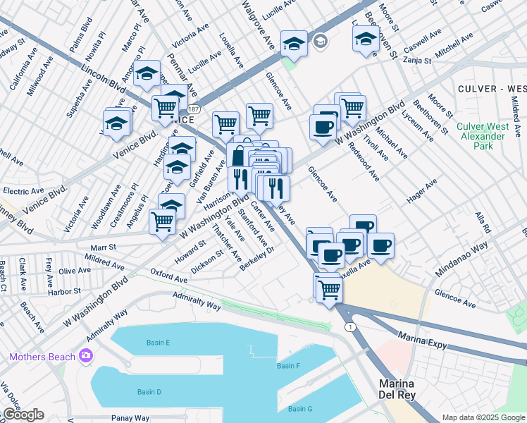map of restaurants, bars, coffee shops, grocery stores, and more near in Los Angeles