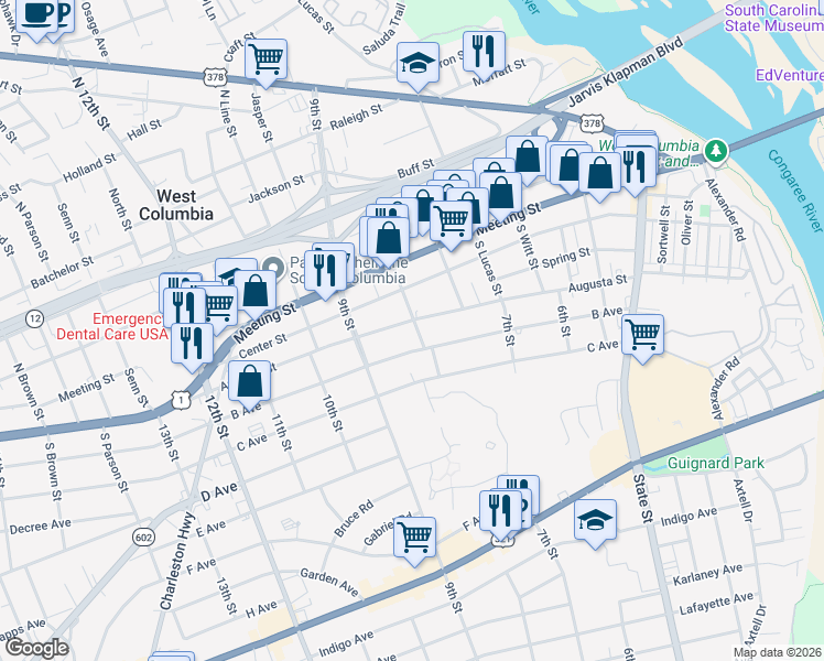 map of restaurants, bars, coffee shops, grocery stores, and more near 300 South Marble Street in West Columbia
