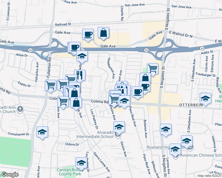 map of restaurants, bars, coffee shops, grocery stores, and more near 1605 Greenport Avenue in Rowland Heights