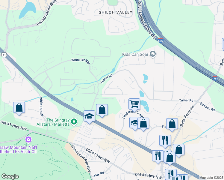 map of restaurants, bars, coffee shops, grocery stores, and more near 383 Roseglen Drive Northwest in Marietta
