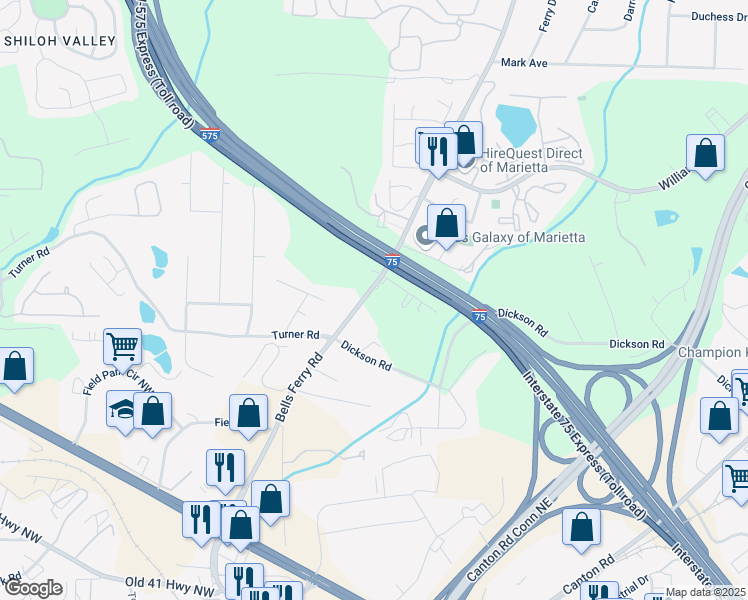 map of restaurants, bars, coffee shops, grocery stores, and more near 1550 Bells Ferry Road in Marietta