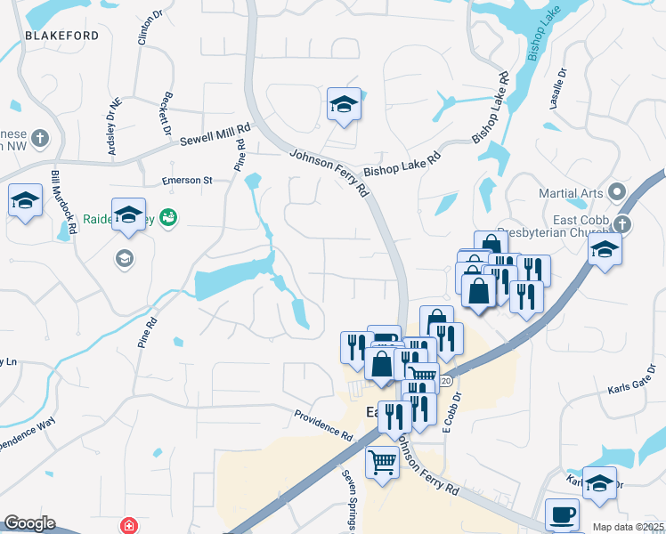 map of restaurants, bars, coffee shops, grocery stores, and more near 4193 Lake Rill Court in Marietta
