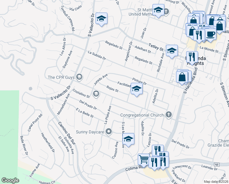 map of restaurants, bars, coffee shops, grocery stores, and more near 15511 Rojas Street in Hacienda Heights