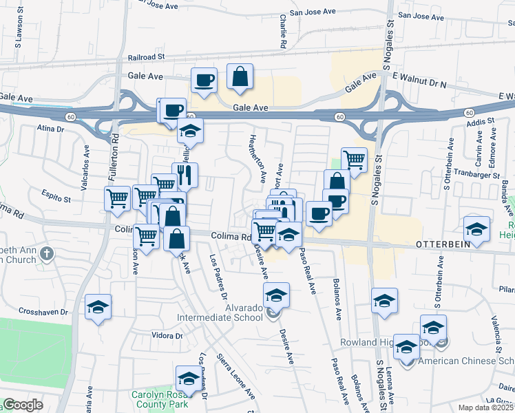 map of restaurants, bars, coffee shops, grocery stores, and more near 1605 Greenport Avenue in Rowland Heights