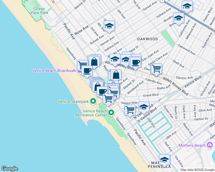 map of restaurants, bars, coffee shops, grocery stores, and more near 1302 Pacific Avenue in Los Angeles