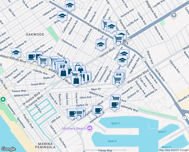 map of restaurants, bars, coffee shops, grocery stores, and more near 615 Woodlawn Avenue in Los Angeles