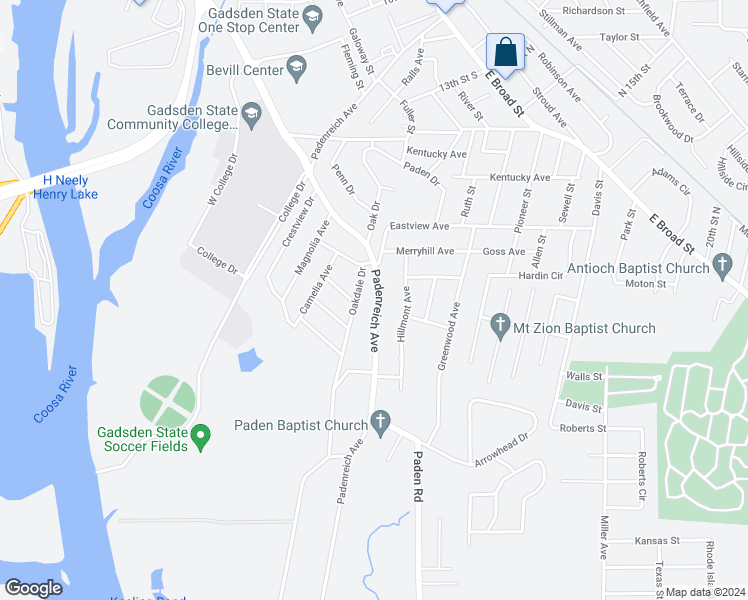 map of restaurants, bars, coffee shops, grocery stores, and more near 621 Padenreich Avenue in Gadsden