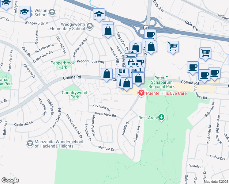 map of restaurants, bars, coffee shops, grocery stores, and more near 17042 Colima Road in Hacienda Heights