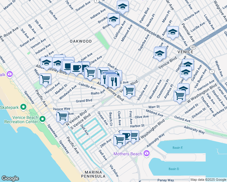 map of restaurants, bars, coffee shops, grocery stores, and more near 1629 Electric Avenue in Los Angeles