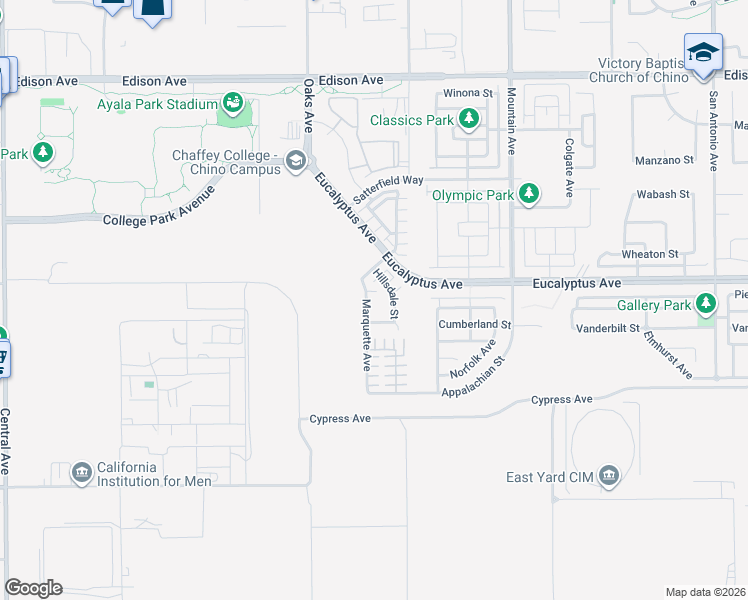 map of restaurants, bars, coffee shops, grocery stores, and more near 14537 Marquette Avenue in Chino