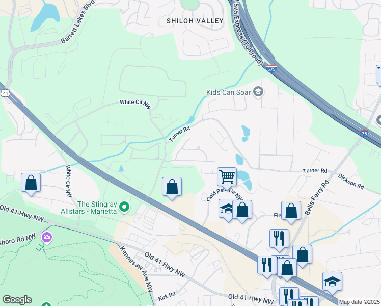 map of restaurants, bars, coffee shops, grocery stores, and more near 379 Roseglen Drive Northwest in Marietta