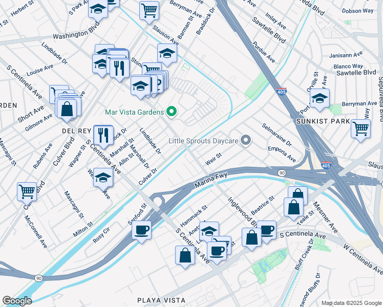 map of restaurants, bars, coffee shops, grocery stores, and more near 5102 Inglewood Boulevard in Culver City