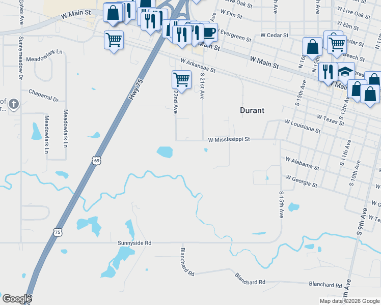 map of restaurants, bars, coffee shops, grocery stores, and more near 200-296 South 22nd Avenue in Durant