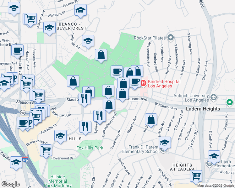 map of restaurants, bars, coffee shops, grocery stores, and more near 5761 Buckingham Parkway in Culver City