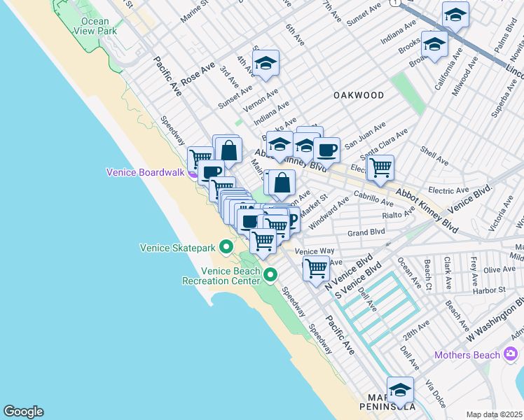 map of restaurants, bars, coffee shops, grocery stores, and more near 1302 Pacific Avenue in Los Angeles