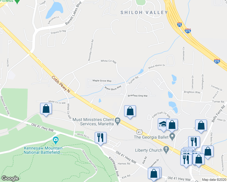map of restaurants, bars, coffee shops, grocery stores, and more near 525 Water Birch Way in Marietta