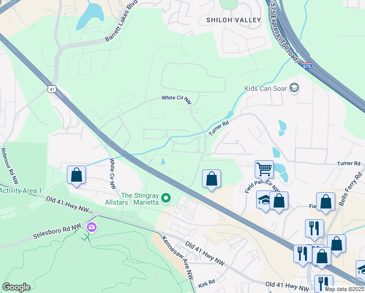 map of restaurants, bars, coffee shops, grocery stores, and more near 529 Water Birch Way in Marietta