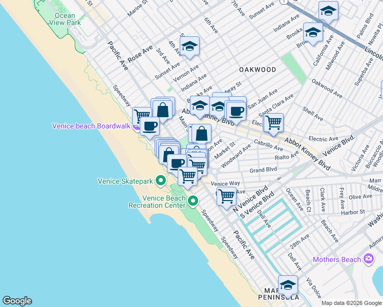 map of restaurants, bars, coffee shops, grocery stores, and more near 1307 Innes Place in Los Angeles