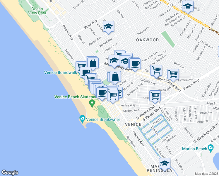 map of restaurants, bars, coffee shops, grocery stores, and more near 1307 Innes Place in Los Angeles