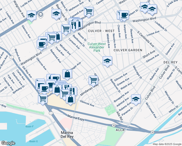 map of restaurants, bars, coffee shops, grocery stores, and more near 13010 Maxella Avenue in Marina del Rey