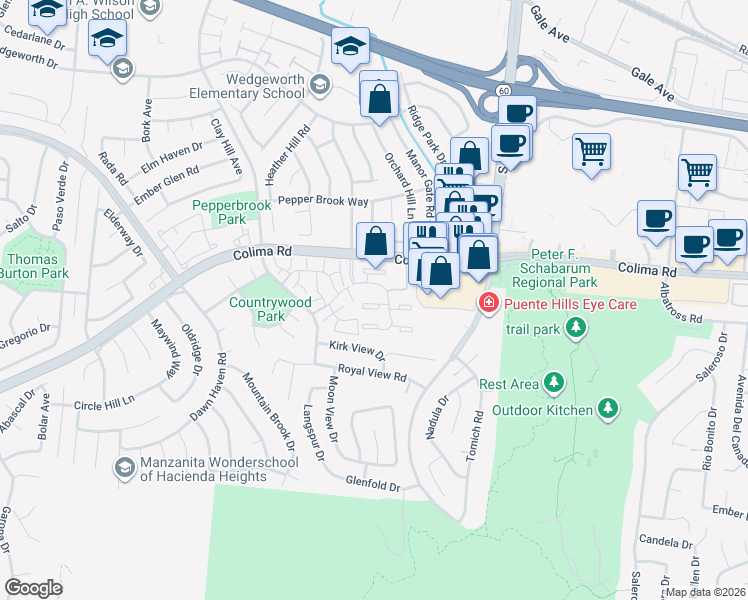 map of restaurants, bars, coffee shops, grocery stores, and more near 17080 Colima Road in Hacienda Heights