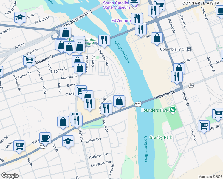 map of restaurants, bars, coffee shops, grocery stores, and more near 800 Alexander Road in Cayce