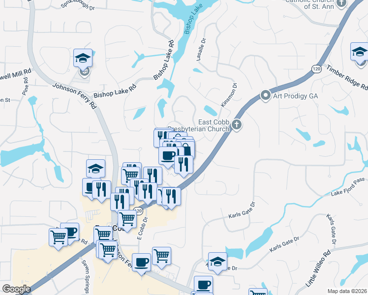 map of restaurants, bars, coffee shops, grocery stores, and more near 1749 Kinsmon Cove in Marietta