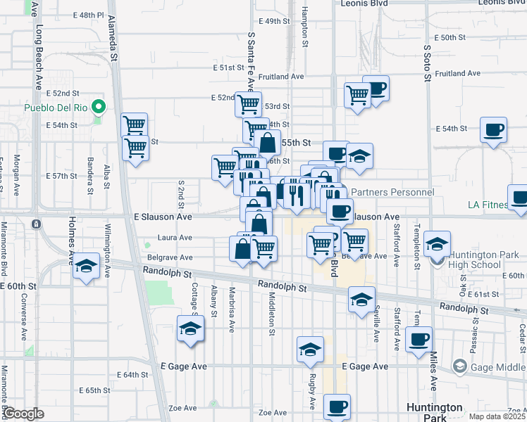 map of restaurants, bars, coffee shops, grocery stores, and more near 5800 South Santa Fe Avenue in Vernon
