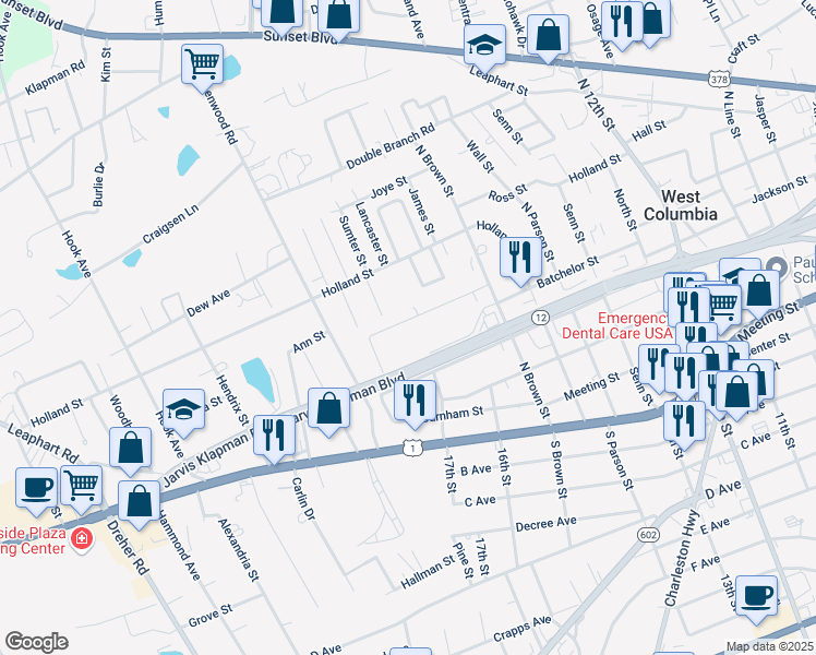 map of restaurants, bars, coffee shops, grocery stores, and more near 1659 Batchelor Street in West Columbia