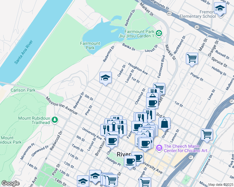 map of restaurants, bars, coffee shops, grocery stores, and more near 3290 Cedar Street in Riverside