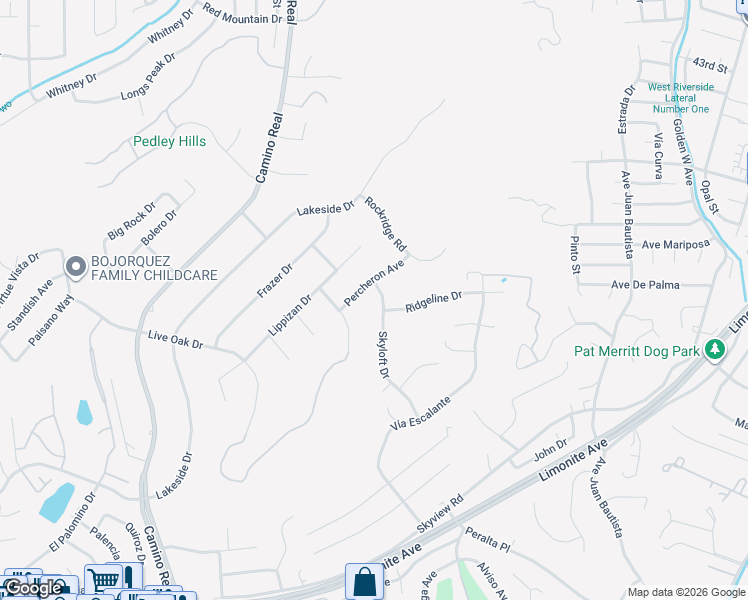 map of restaurants, bars, coffee shops, grocery stores, and more near 5428 Skyloft Drive in Riverside