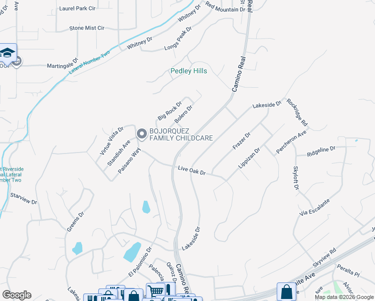 map of restaurants, bars, coffee shops, grocery stores, and more near 5408 Camino Real in Riverside