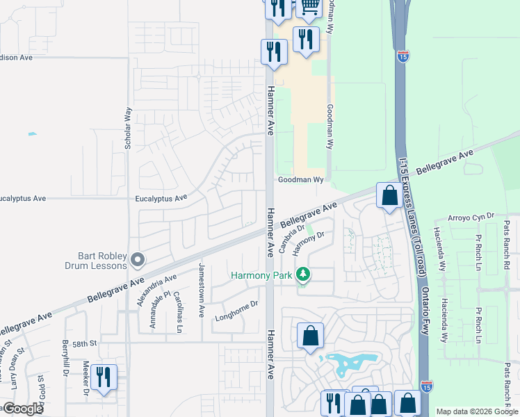 map of restaurants, bars, coffee shops, grocery stores, and more near 10900-11298 Eucalyptus Ave in Corona