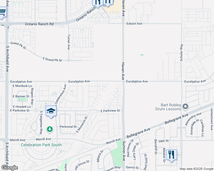 map of restaurants, bars, coffee shops, grocery stores, and more near 9701-10333 Eucalyptus Avenue in Ontario