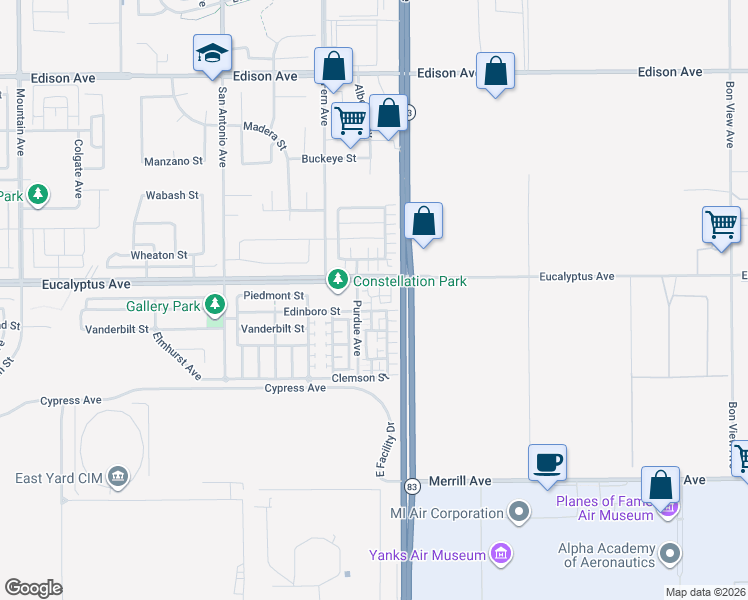 map of restaurants, bars, coffee shops, grocery stores, and more near 14511 Purdue Avenue in Chino