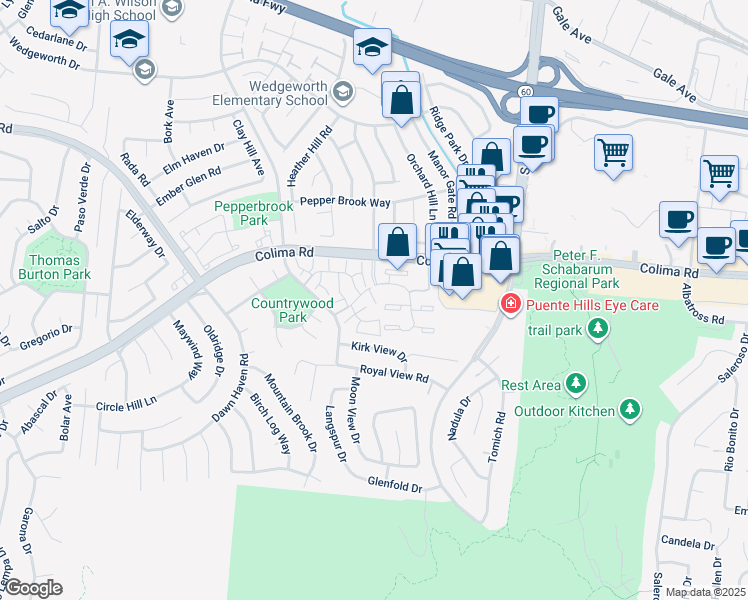 map of restaurants, bars, coffee shops, grocery stores, and more near 17002 Colima Road in Hacienda Heights