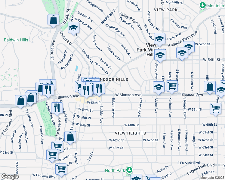 map of restaurants, bars, coffee shops, grocery stores, and more near 5619 Harcross Drive in View Park-Windsor Hills