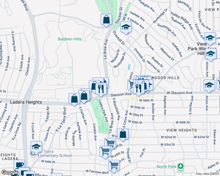 map of restaurants, bars, coffee shops, grocery stores, and more near 5627 Arch Crest Drive in View Park-Windsor Hills