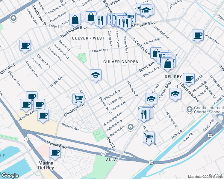 map of restaurants, bars, coffee shops, grocery stores, and more near 12751 Short Avenue in Los Angeles