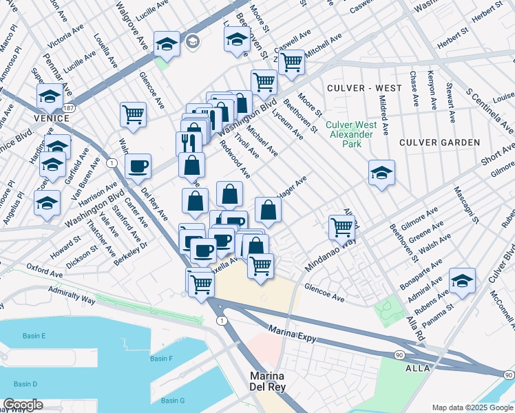map of restaurants, bars, coffee shops, grocery stores, and more near 4133 Redwood Avenue in Los Angeles