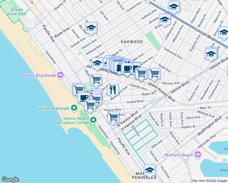 map of restaurants, bars, coffee shops, grocery stores, and more near 1314 Riviera Avenue in Los Angeles