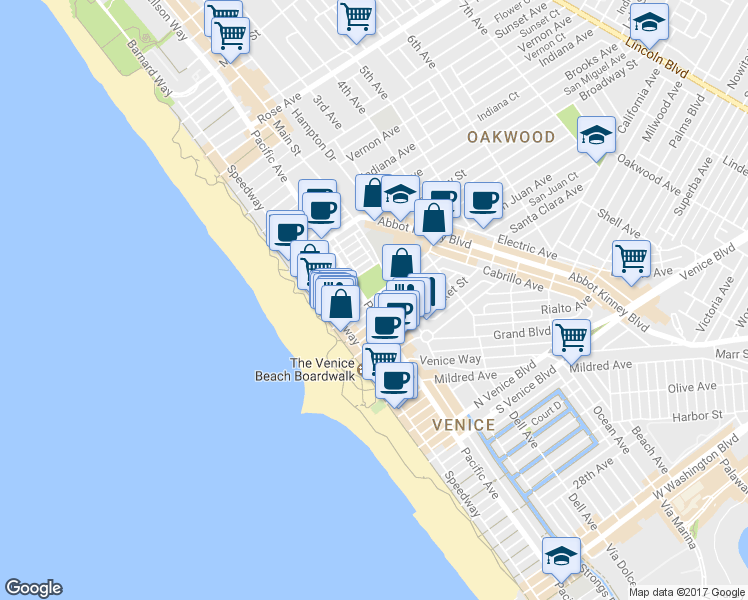 map of restaurants, bars, coffee shops, grocery stores, and more near in Los Angeles