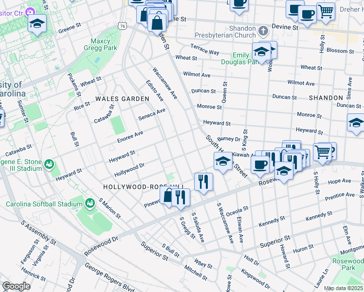 map of restaurants, bars, coffee shops, grocery stores, and more near 104 South Edisto Avenue in Columbia