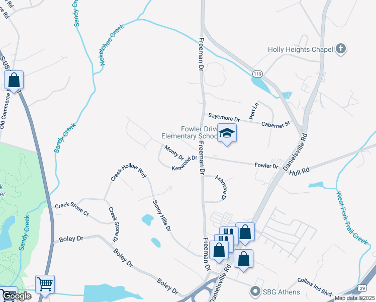 map of restaurants, bars, coffee shops, grocery stores, and more near 117 Loblolly Drive in Athens