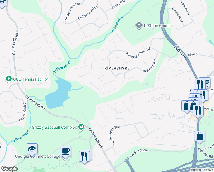 map of restaurants, bars, coffee shops, grocery stores, and more near 131 Shyrewood Drive in Lawrenceville