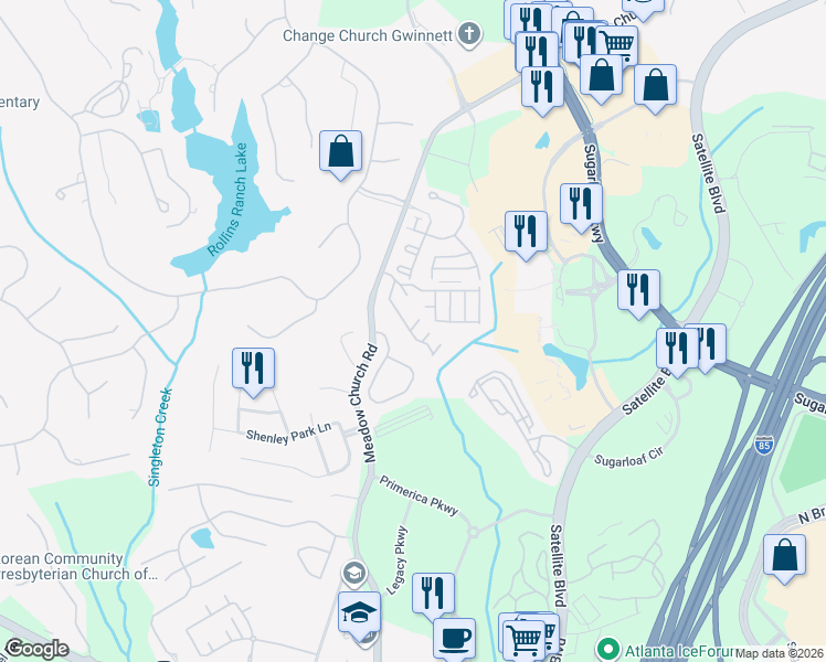 map of restaurants, bars, coffee shops, grocery stores, and more near 2658 Ridge Run Tr in Duluth