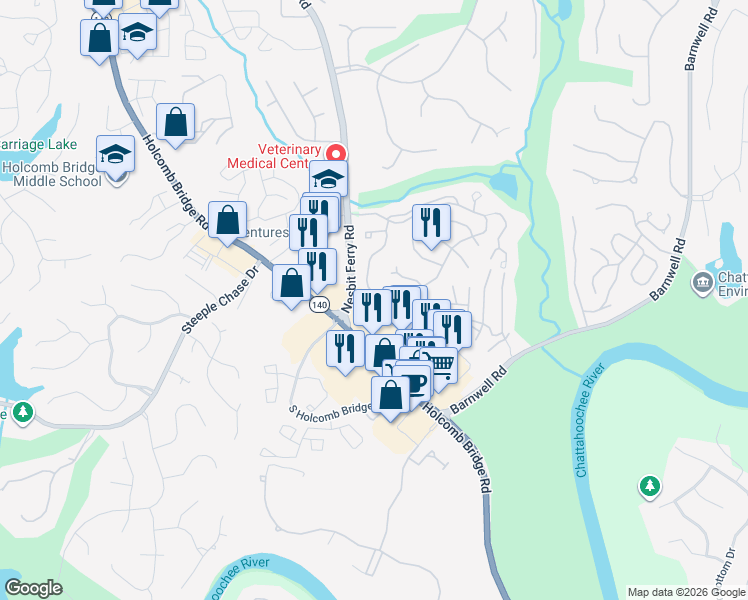 map of restaurants, bars, coffee shops, grocery stores, and more near 8590 Colony Club Drive in Alpharetta