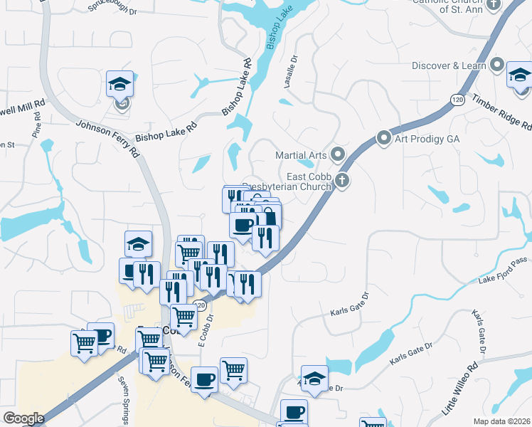 map of restaurants, bars, coffee shops, grocery stores, and more near 1749 Kinsmon Cove in Marietta