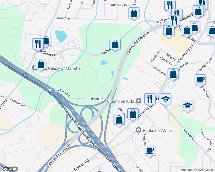 map of restaurants, bars, coffee shops, grocery stores, and more near 1607 Dickson Drive in Marietta