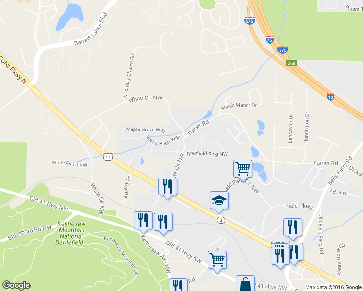map of restaurants, bars, coffee shops, grocery stores, and more near 385 Cherry Tree Lane Northeast in Marietta